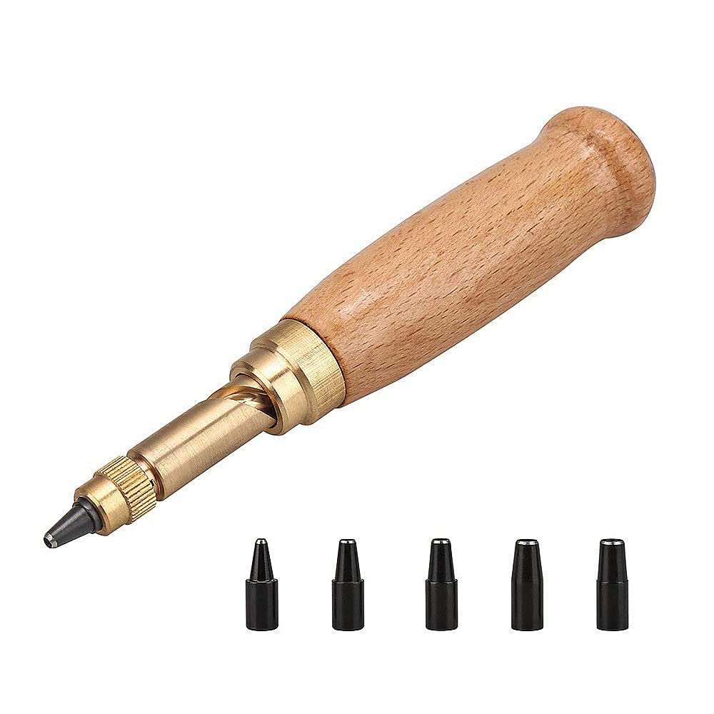 Adjustable Japanese Screw Hole Punch,Precision Durable Hole Punch Tool Screw Hole Puncher with Wood Handle,6 Tips Sizes:1.5mm,2mm,2.5mm,3mm,3.5mm,4mm for Sewing Leather Paper Bookbinding Tool (wood)