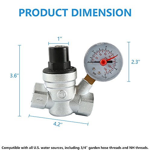 WarmCare Adjustable Brass Water Pressure Regulator Lead-free with Gauge for RV Camper and Inlet Screened Filter