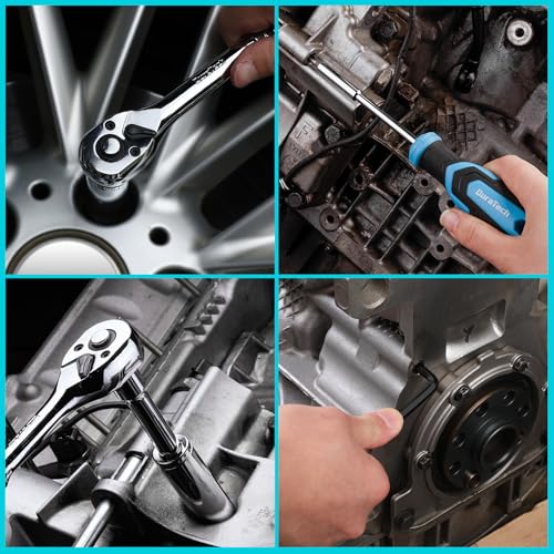 DURATECH 121 Piece Mechanics Tool Set, Socket Wrench Set, 1/4" and 3/8", 72 Tooth Ratchet Cr-V Steel, with Box, Includes Screwdriver and Bits