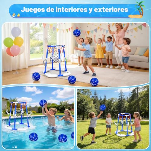 HaoVrisn Canasta de Baloncesto para Piscina, Juguetes Piscina 2 en 1, Juegos de Agua para Niños con 4 Pelotas Flotantes, 12 Anillas y Bomba, Juguete Veraniego Familiar para Fiesta en Piscina