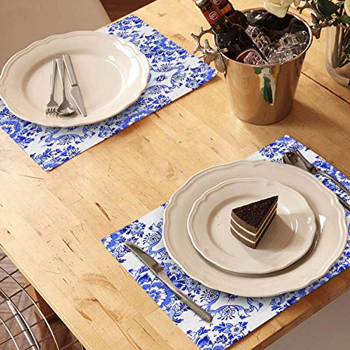 Mugod Placemats White Blue Watercolor Dutch Floral Tiled Flowers in Circular Rosette Cobalt Decorative Heat Resistant Non-Slip Washable Place Mats for Kitchen Table Mats Set of 4 12"x18"