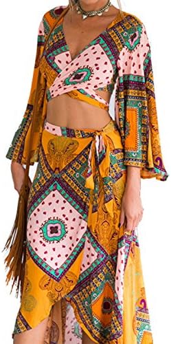 Stylish Autumn 2 Pieces Vintage Printed Boho Dress Sleeved Criss Cross Crop Top and Wrap Swing Skirt Set