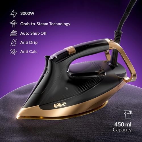Feller Germany Vanguard Plus Steam Iron 3000W,Grab-to-Steam Technology,Prime Gold Ceramic 2x Sole Plate+Anti Calc,Anti Drip,Auto Shut Off,Display,Turbo Steam, SI300,2Y Guarantee-UAE Version (Gold)