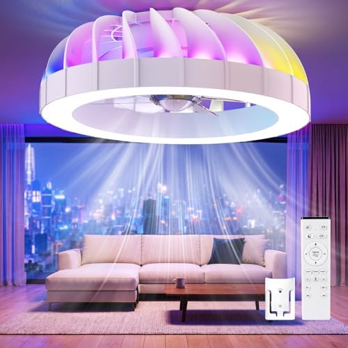 Ateroll Ceiling Fan with Lighting, Diameter 46 cm, RGB Ceiling Fan with Light and Remote Control, 6 Wind Levels, 3000 K - 6500 K, Dimmable LED, Quiet Timer, Ceiling Light with Fan for Bedroom, Living