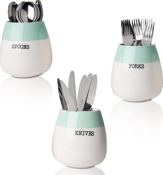 COMFIFY CERAMIC HONEYPOT CUTLERY HOLDER – SET OF 3 – SAGE GREEN AND WHITE FARMHOUSE SILVERWARE CADDY FOR KITCHEN COUNTERTOP – SPOON, FORK & KNIFE ORGANIZER FOR PARTIES – RUSTIC CERAMIC