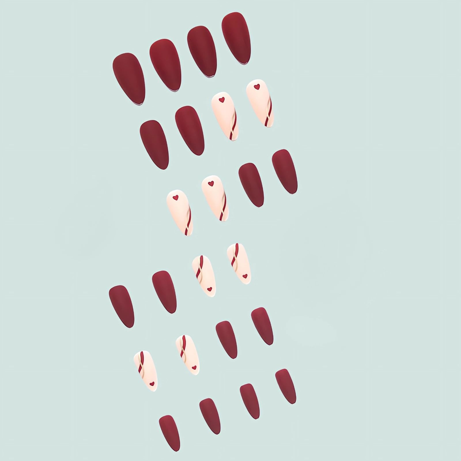 Valentine’s Day Press on Nails Almond Medium Fake Nails Red Heart Glue on Nails with Gold Stripes Design Glossy Full Cover Artificial Nails Cute Valentines Stick on Nails Almond False Nails for Women - Image 2