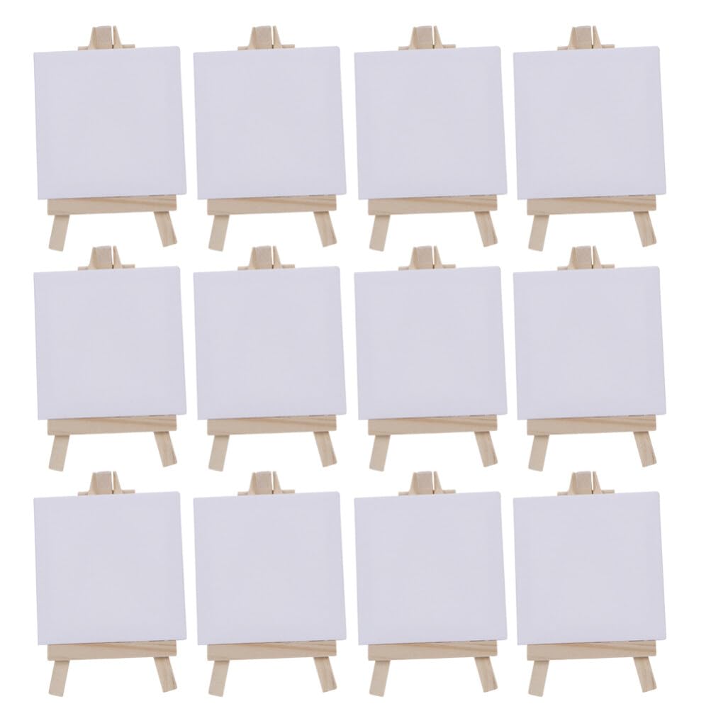 NUOBESTY 12 Sets Mini Wooden Easel and Canvas for Kids, Small Art Display Stand for Painting, Crafts, Classroom Activities, 12.5 X 7.5 X 2 Cm