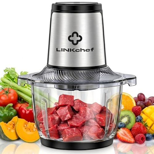 LINKChef Electric Chopper 1.5 L Glass Container, 2 Levels, 3 Stainless Steel Blades - Universal Chopper for Meat, Vegetables, Nuts & Baby Food