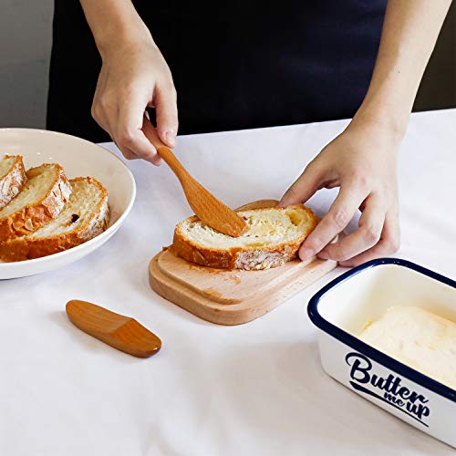 SveBake Butter Dish - Enamel Butter Boat with Beechwood Lid, Butter me up, White - Thumbnail 4