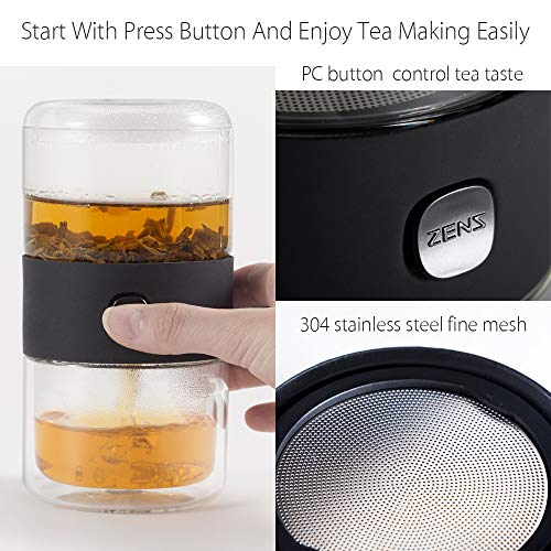 ZENS Travel Tea Set, Glass Portable Teapot Infuser Set for One with 200ml Double Walled Teacup