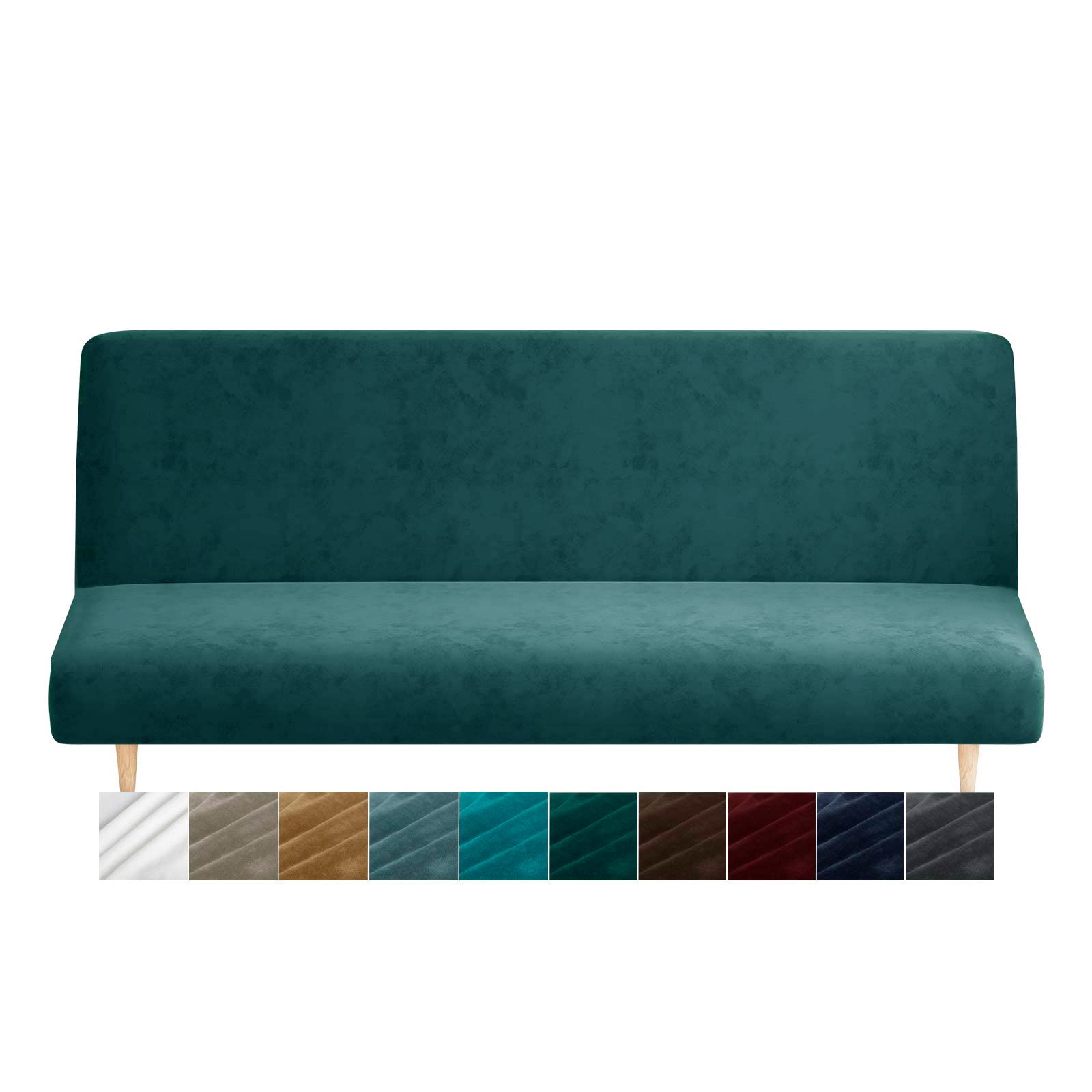 CHELZEN Velvet Futon Cover High Stretch Armless Couch Covers Spandex Fabric Sofa Bed Slipcover Anti Slip Furniture Protector (Futon, Blackish Green) — image 1