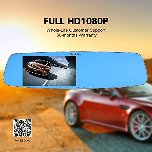 MERRILL Rear View Mirror Dash Cam 5.0" LCD 1080p 170° Wide Angle Dual Cameras with G-sensor, Parking Monitor, Night Vision, 16GB SD Card