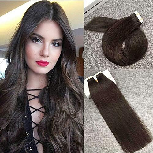 Reysaina 24inch Tape in Hair Extensions Darkest Brown #2 Seamless Skin Weft Tape in Extensions Tape in Real Human Hair Extensions 50g/per set