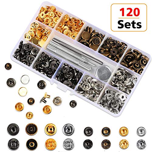 120 Sets Snap Fasteners Kit, 12.5mm Metal Snap Buttons Press Studs with 4 Pieces Fixing Button Tools, 6 Color Clothing Snaps Kit for Thin Leather, Jacket, Jeans Wear, Bracelet, Bags, Belt