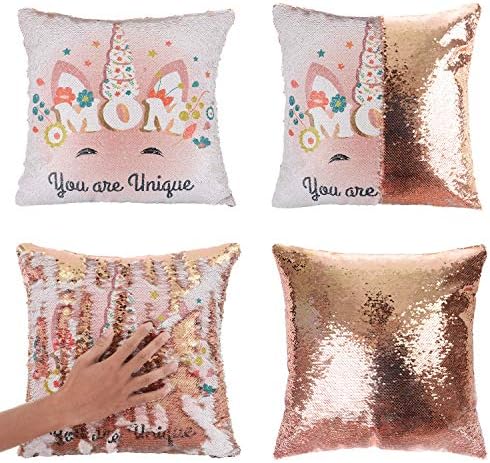 Xiaowli Unicorn Sequin Pillow Case Mermaid Magic Reversible Throw Pillow Decorative Cushion Cover Unicorn Gift for Girls (Unicorn D -Gold Sequin)