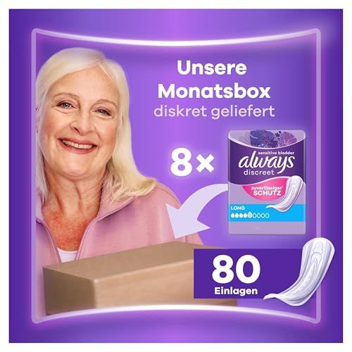 Always Discreet Incontinence Pads Long, 80 Pads (4 x 20 Pieces), Monthly Pack, Discreet Protection and High Absorbency, Locks Odours and Liquid Immediately (Packaging May Vary)