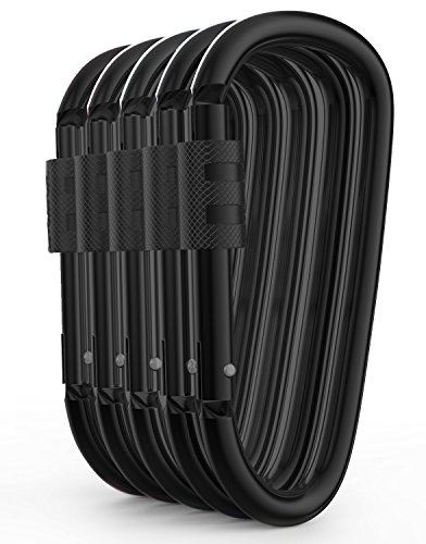 Gold Lion Gear Aluminum Carabiner D Shape Buckle Pack, Keychain Clip, Spring Snap Key Chain Clip Hook Screw Gate Buckle -Pack of Assorted Color Carabiners (Black, 5 Locking Carabiners)