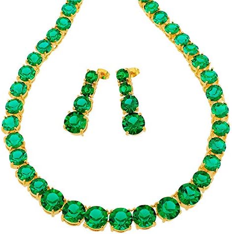 RIZILIA Jewelry Set for Women – 19" Necklace & Dangle Earrings, Round Cut Cubic Zirconia (Multi Color Birthstones) in Yellow Gold Plated – Inspired by Anna Wintour - Elegant Gift for her