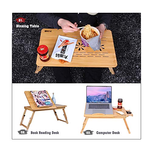 Bamboo Wood Laptop Desk Tray Foldable Breakfast Tray Table Adjustable Computer Bed Tray for Eating Laptops Writing Reading on Bed Sofa Coach with Drawer Tilting Desktop Leg (Upgraded,Thicken)