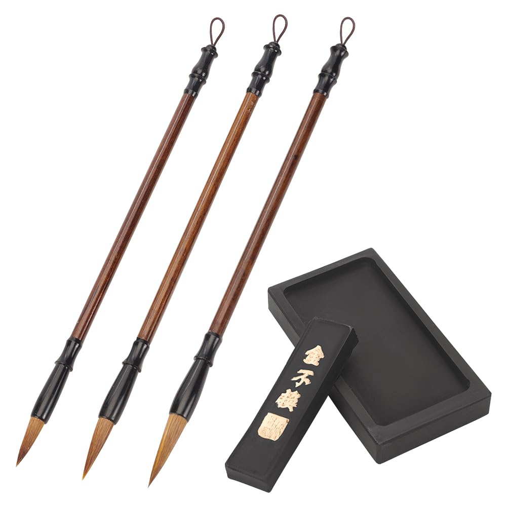 Photo 1 of PH PandaHall Calligraphy Ink Stone Chinese Traditional Inkstone Brush Set Calligraphy Ink Grinding Ink Dish Ink Well Ink Tray Oriental Brush Ink Stone with 3pcs Brush for Practice Painting