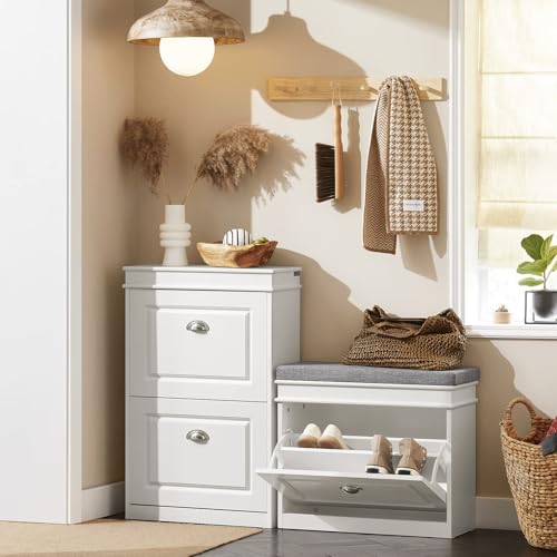 SoBuy Narrow Shoe Cabinet Bench with Flip Drawer Storage - Modern Entryway Shoe Bench with Storage, Space Saving Wooden Shoe Rack Cabinet with Padded Cushion Seat - Ideal for Hallway, Entryway