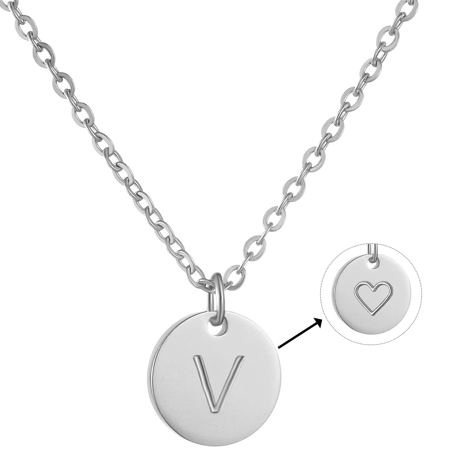 AFSTALR Initial Letter Necklace for Women Round Pendant with V Heart Necklace Personalized Birthday Jewellery Gifts Silver