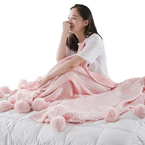 TonTech 100% Cotton Cute Pompoms Cable Knitting Soft Sofa Bedding Couch Car Cover Throw Blanket 150x200cm/59x78.7" for Summer (Pink)