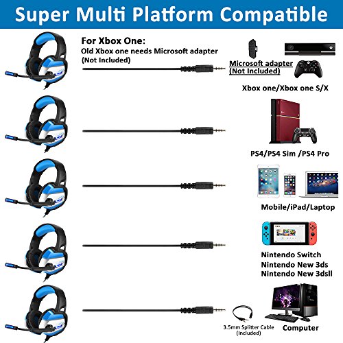 Gaming Headset for PS4, Xbox One(adapter needed)/S/X,PC, Bovon Stereo Noise Canceling Over Ear Headphones with Mic, LED Light, Soft Memory Earmuffs for Nintendo Switch (Audio) Laptop Mac