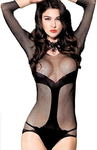 Myhope Women Lingerie Fishnet Bodystocking Long Sleeve Pantyhose Front Back Open Crotch Bodysuit
