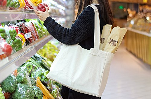 ATBAY 100% Cotton Canvas Washable Grocery Tote Bag with Long Shoulder Strap 13 5/8"L and Removable Bottom Base Stiffener Insert - Natural (3 Pack) - Thumbnail 3