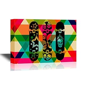 Skateboard Canvas Wall Art - Colorful Skateboard on Check Background - Gallery Wrap Modern Home Art | Ready to Hang - 12x18 inches