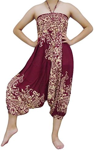 Loong Cha's Unisex 2 Type Harem Jumpsuit pants,Fine Art Print Smocked Waist &amp; Jump leg Version : I (FF2 Red)