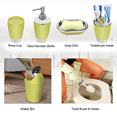 TEKITSFUN Yellow Bathroom Accessories Set,6 Pcs Plastic Gift Bath Accessory Set Luxury Ensemble Includes Toothbrush Holder,Toothbrush Cup,Soap Dispenser,Soap Dish,Toilet Brush Holder,Trash Can