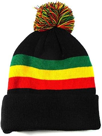 Rasta Striped Pom Pom Beanie Cuffed Red Yellow & Green
