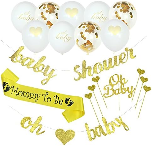 Lubov-Baby Shower Decorations Banner Oh Baby Baby Shower Confetti Gold White Balloons, Neutral Decor, Party Supplies, Gender Reveal, Pregnancy Announcement with Extra Cake Toppers, Sash.