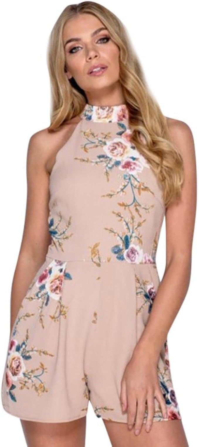 Overall Damen Kolylong® Frauen Elegant Blumen Ärmellose Jumpsuit Kurz