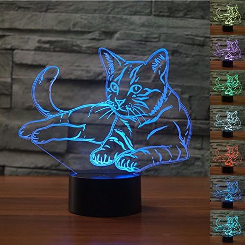 LED Night Light 3D Kitten Cat Illusion Bedside Table Lamp 7 Colors Changing Sleeping Lighting with Smart Touch Button Cute Gift Warming Present Creative Decoration Ideal Art and Crafts