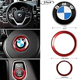 3Piece For BMW Steering Wheel Emblem Decal+Steering Wheel Center alloy Decor+Start Stop Button Ring Push Button Ignition Switch Decor combination,Make your car very cool (Rose red)