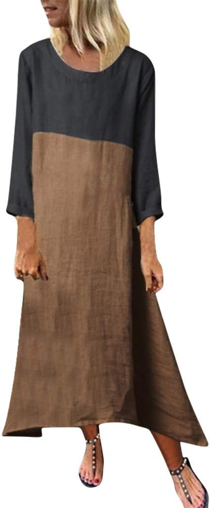 Sugely Women Plus Size Casual Loose Long Sleeve Solid Lady Splice Linen Long Maxi Dress,Loose Large Size Cotton And Linen Sling Round Neck Short-Sleeved Ethnic Style Printed Dress