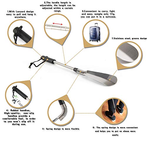 Premium Long Handled Shoe Lifter Twist to Lock 16" to 31" Adjustable Expander Shoe Horn - Extends & Collapses Stainless Steel Telescopic Spring Shoehorn