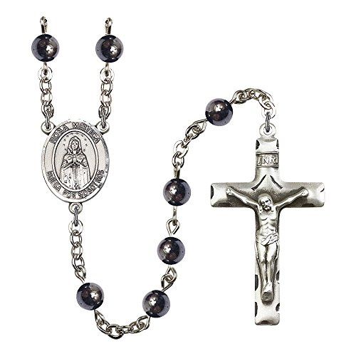 Our Lady of Rosa Mystica Silver-Plated Rosary 6mm Hematite Beads Crucifix Size 1 3/4 x 1 medal charm