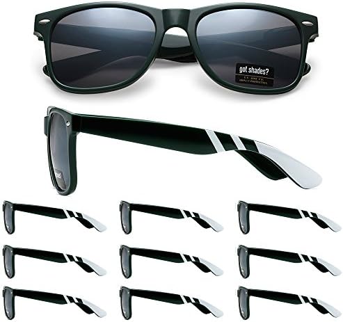 WHOLESALE RETRO BULK LOT TEAM SPIRIT STRIPED PROMOTIONAL SUNGLASSES - 10 PACK (Forest Green | White Stripes | Smoke Lens, 52)