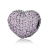 BAMOER 925 Sterling Silver Various Dazzling CZ Bead Charm For Women Snake Bracelet Charm (Pink Heart Clip)