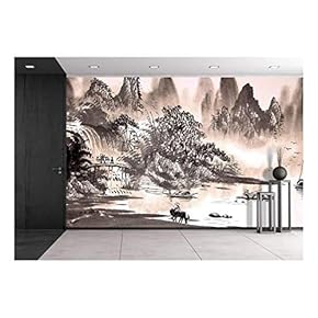 Chinese Landscape Watercolor Painting - Removable Wall Mural | Self-Adhesive Large Wallpaper - 66x96 inches