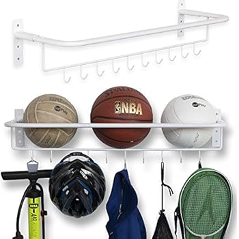 brightmaison Wall Mount Sports Ball Rack Storage Bar Rail with Hooks Set of 2 Garage Organizer (White)