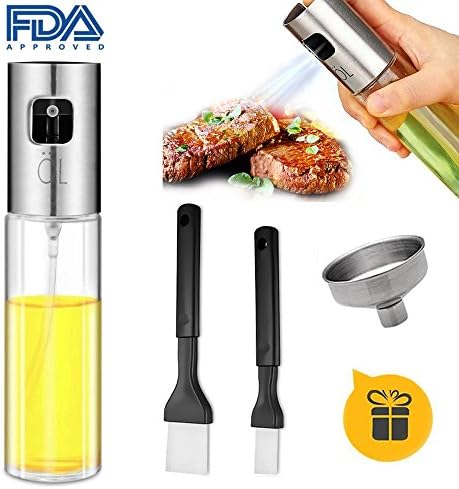 Olive Oil Sprayer, Food-grade Glass Oil Spray Bottle Vinegar Bottle Oil Mister Dispenser for BBQ, Making Salad, Cooking,Baking, Roasting(FREE -1 Funnel/2 baking brushes)