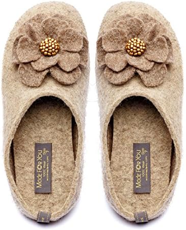 Made For You Women’s Wool Slippers with Handmade Flower, Lightweight with Non-Slip Rubber Sole and Arch Support Insole