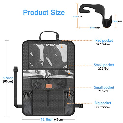 Backseat Car Organizer Kick Mats with 4pcs Headrest Hooks Hangers, Waterproof Car Seat Back Protectors with Large Storage Pockets 12" Touch Screen Tablet Holder Great Travel Accessories (2 Pack)