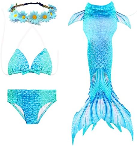 Jeferym 4PCs Girls Mermaid Swimsuits for Swimming Bikini Set for Toddler Teen Girls Can add Monofin D Light Blue 5-6 Years 120