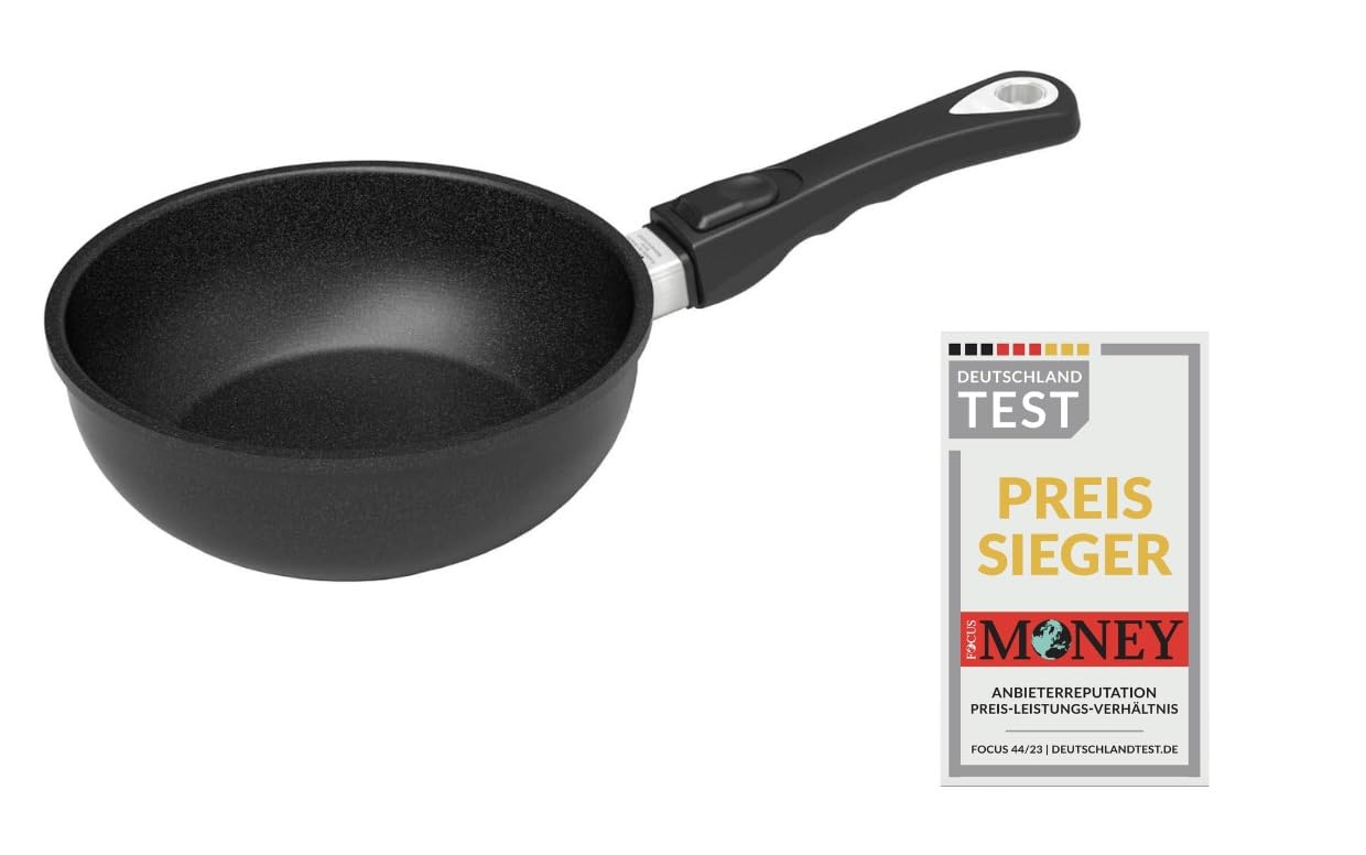 AMT Gastroguss Lotan® AMZN-I-620-Z20B Sauteuse/Small Wok, 20 cm Diameter, 6 cm High, Removable Handle, Suitable for Induction Cookers, Non-Stick Finish, Cast Aluminium